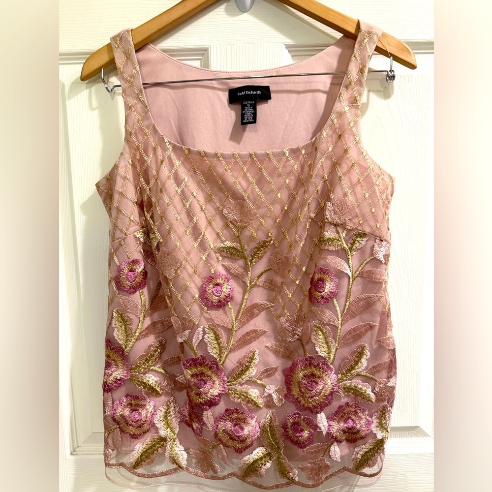 R&M Richards Pink Green Embroidered Floral Camisole fairycore feminine romantic
